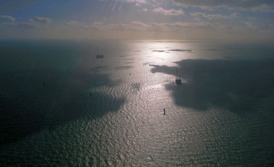 Wind turbines under construction in the North Sea east of Kent. Taken from a light aircraft