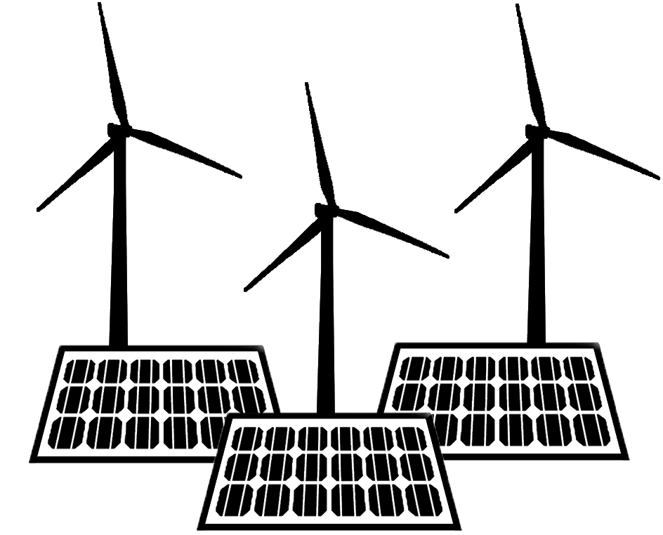 Renewable energy sources — solar panels and wind turbines representing the energy transition