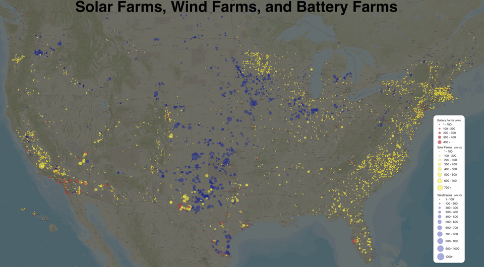 Solar farms, wind farms, and battery farms side by side